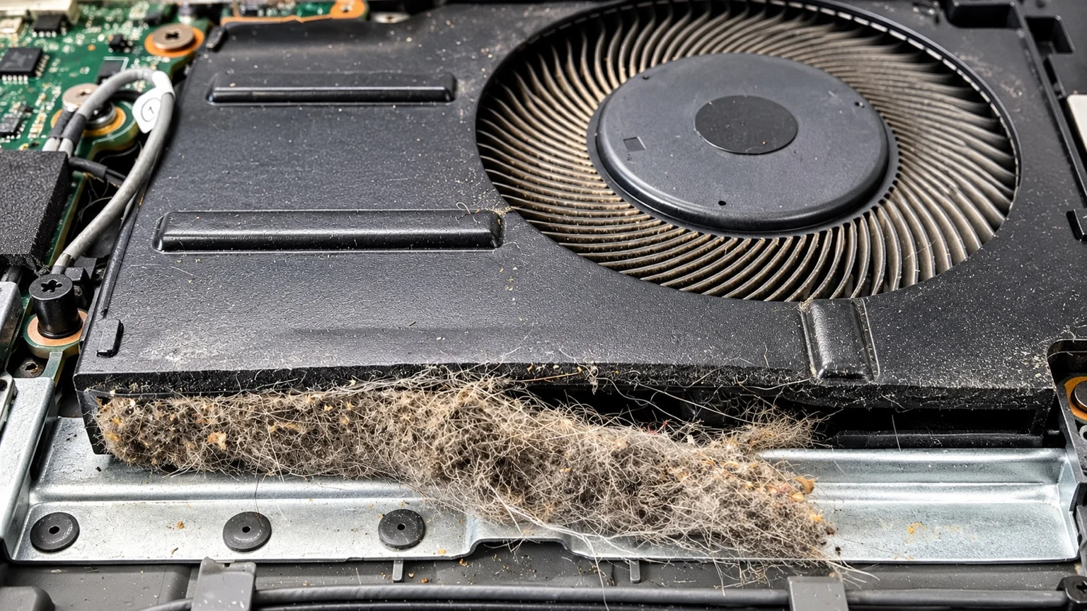 Cooler y disipador de notebook con polvo y pelusa acumulados en la salida de aire